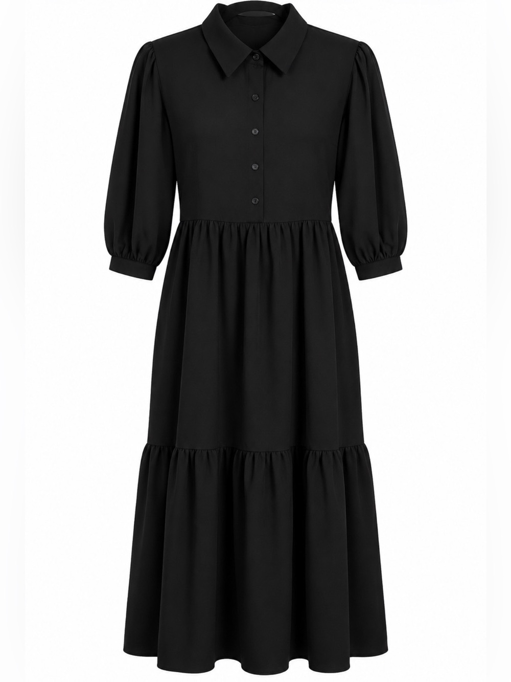 Classic Black Tiered Puff Sleeve Pointed Collared Pleated Maxi Dress Size XL